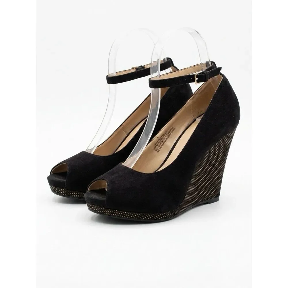 BLACK SUEDE WEDGE W GOLD STUDS ANKLE STRAP 4” HEEL